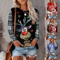 christmas pullover t shirt 2021 new splicing loose round neck flower deer christmas tree print casual long sleeved shirt women