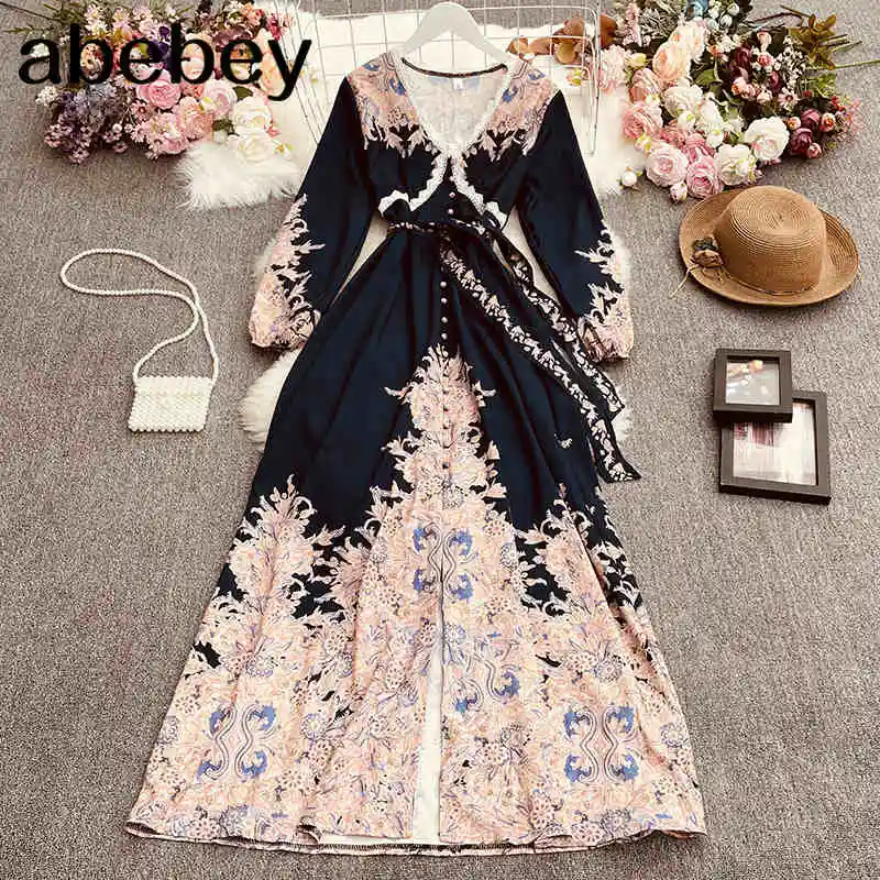 

2022 New Spring Autumn Retro court style V-neck single breasted Dress lace up Waist slim print Dress
