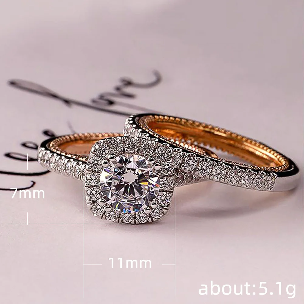 

2021 New European and American Temperament Exquisite Luxury Zircon Female Ring Elegant Two-color Engagement Rings 2Pcs/Set