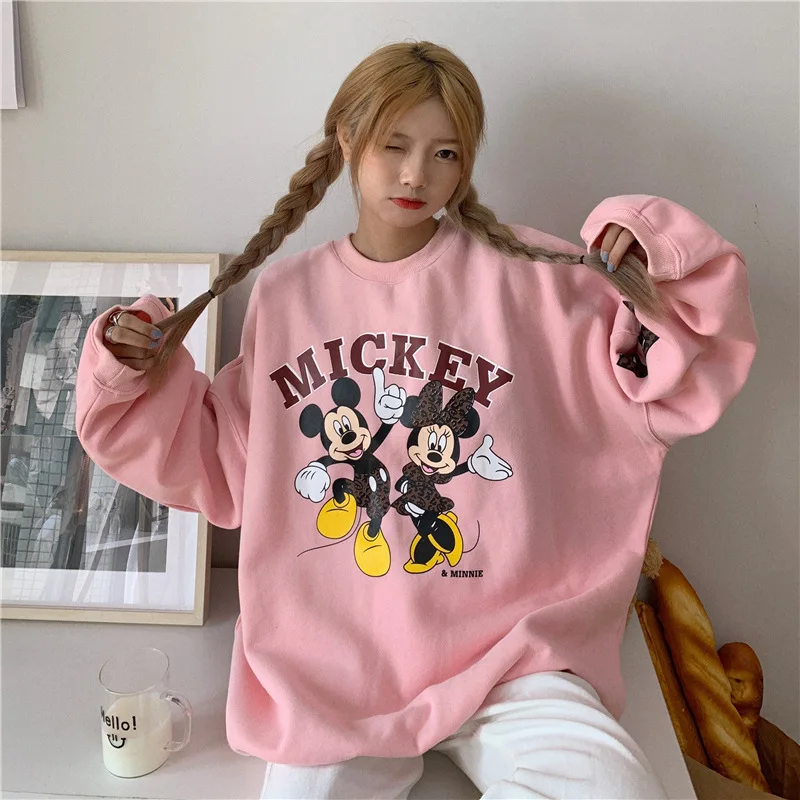 

Disney Mickey Minnie Hoodies Sweatshirts Women Cartoon Couple Suit Korean O Neck Plus Velvet Thickening Coats Femme Coat Girls