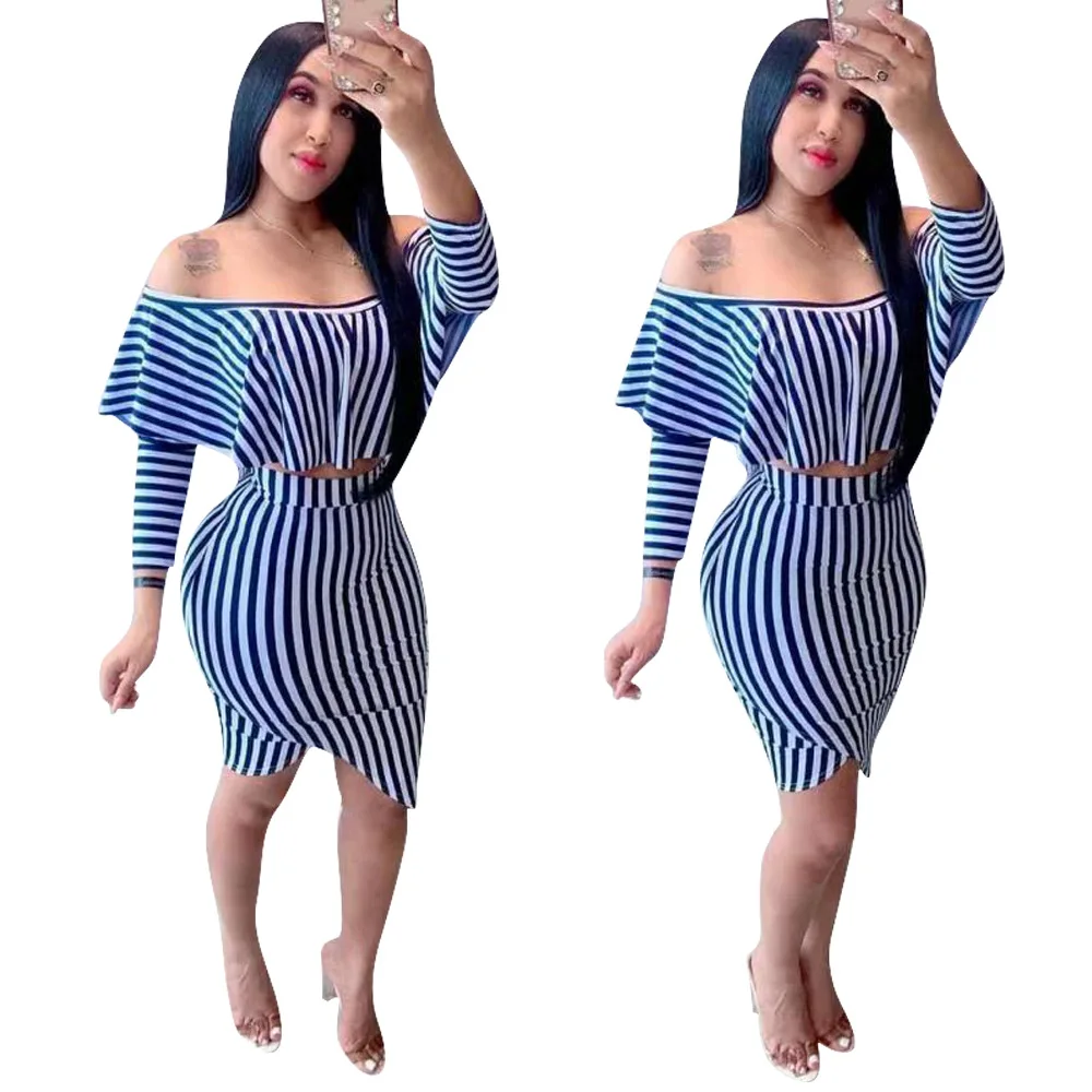 

Женский осенне-зимний комплект из двух предметов, облегающий короткий топ с оборками и полосатым принтом и короткая юбка, 2019