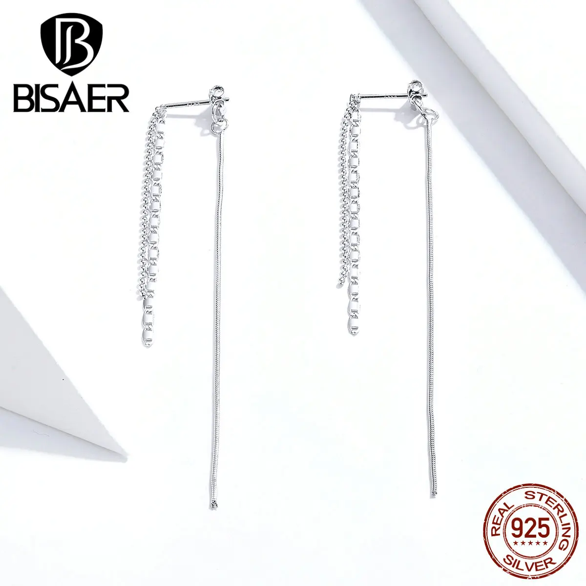 Простые серьги, BISAER, 925 пробы, серебряная кисточка, длинная цепочка, женские серьги-гвоздики, простой стиль, Стерлинговое Серебро, ювелирное изделие ECE790