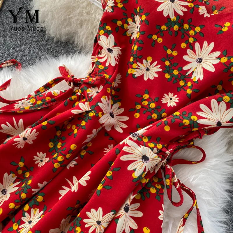 YuooMuoo Flower Print Elegant Women Dress Short Sleeve Vintage Midi Beach Party V Neck Drawstring A Line Streetwear | Женская одежда