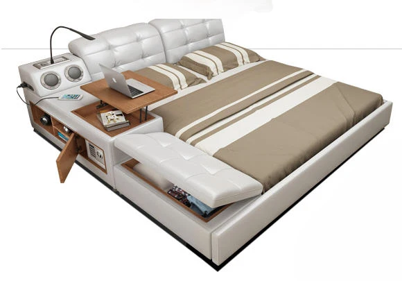 Натуральная кожа кровать каркас мягкие кровати camas горит muebles de массаж безопасный стол динамик bluetooth светодиодный светильник книжный шкаф