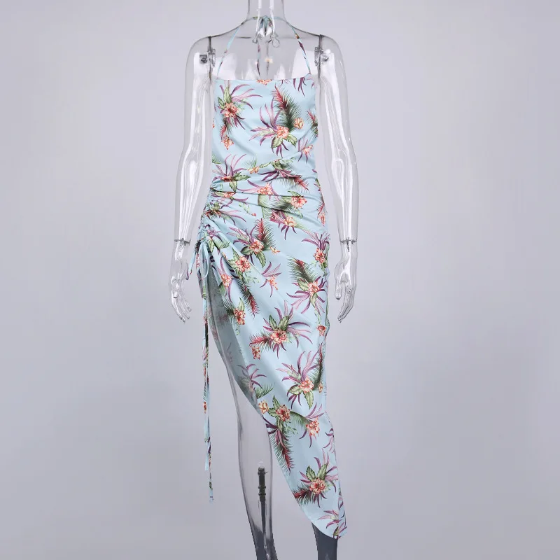 

Fanslan Summer Print Floral Midi Dress Sexy Backless Asymmetrica Beach Dresses for Women Vacation Spaghetti Strap Vestido Mujer