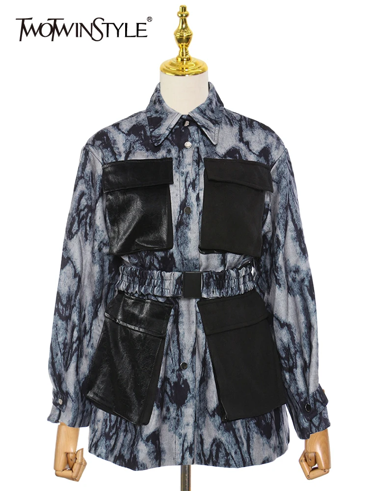 

TWOTWINSTYLE Casual Straight Print Colorblock Patchwork Jacket For Women Lapel Long Sleeve Gathered Waist Jackets Female Autumn