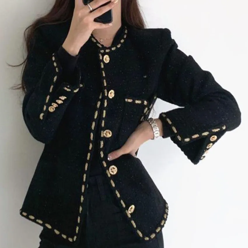 

Elegant French style vintage single-breasted tweed jacket women loose pockets long-sleeved outerwear