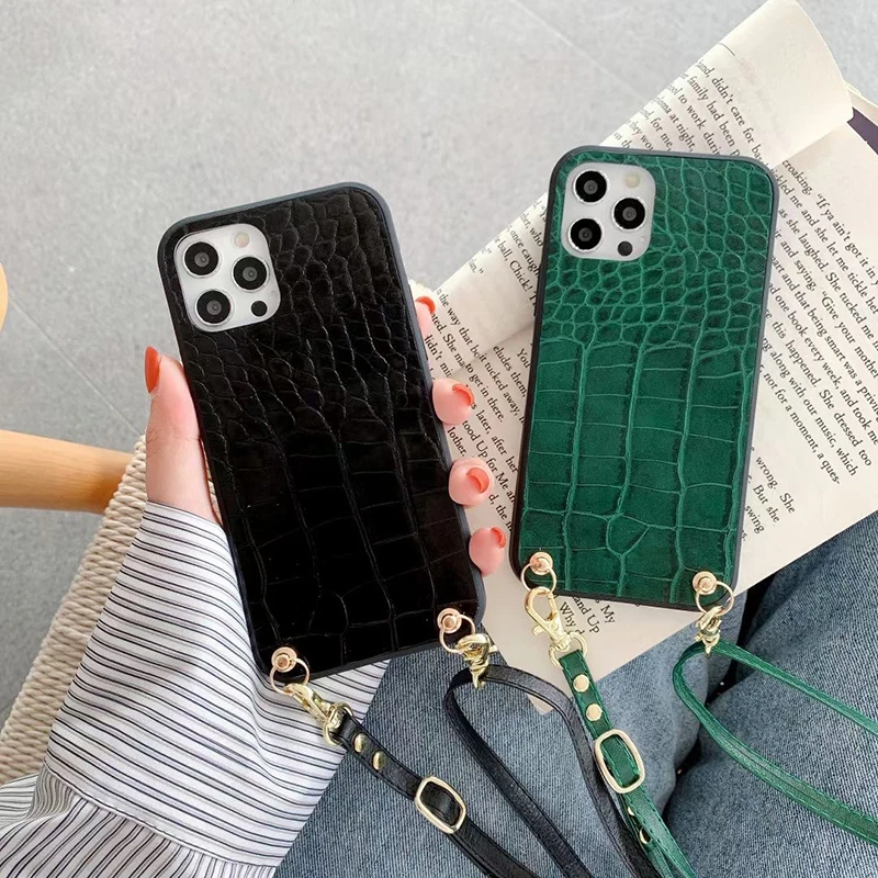 

Luxury Chain Necklace Phone Case For iphone 12 Pro Max 7 8 Plus 11 X XS XR SE MiNi 6 6S Lanyard Neck Strap Cord Crocodile cover