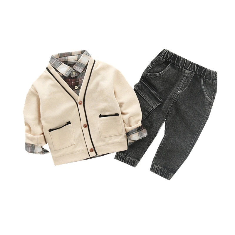 

Комплект из трех предметов для мальчиков, рубашка с длинным рукавом в полоску + свитер + штаны, Осенняя детская одежда