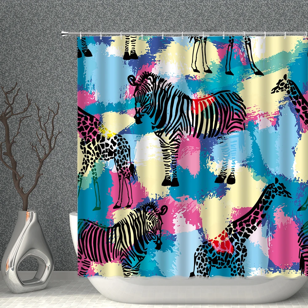 

Colorful Animal Zebra Shower Curtain Cartoon Elephant Deer Polyester Fabric Bathroom Supplies Cloth Curtain With Hooks Washable