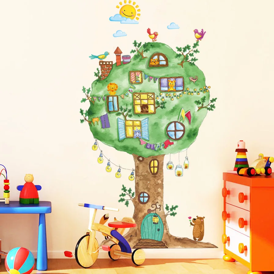 

2pcs Cartoon Animals Tree Wall Stickers Kids room Nursery Hot air balloon Wall Decals Eco-friendly Removable Poster Home Decor