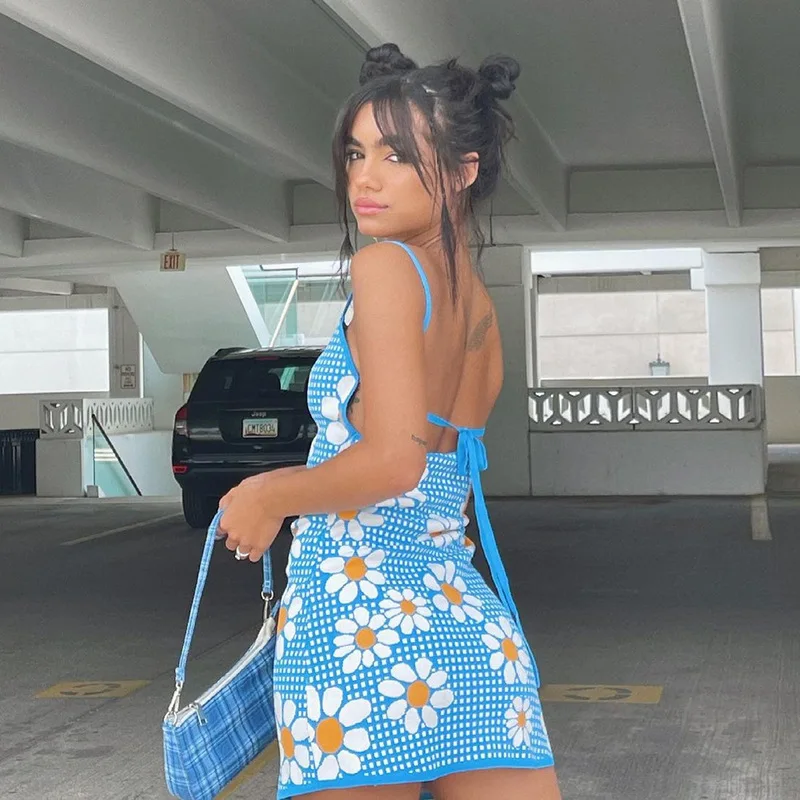 

Summer Sleeveless Sweet Backless Bodycon Dress Plaid Flower Print Design Slim Fairy Dress For Women's Korean Street Wear