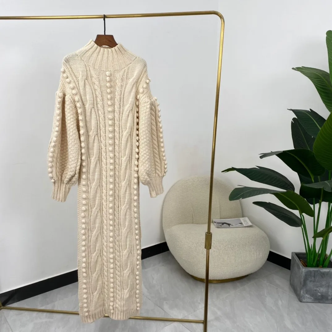 

Sweater Dressses Sets For Women 2021 Autumn Winter Two-Piece Beige Balls Long Lantern Sleeve Side Slit Elegant Designer Wear