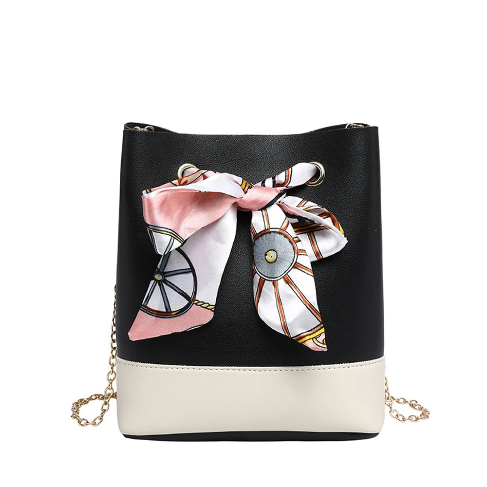 

Women Elegant Bowknot Drawstring Leather Shoulder Bucket Handbag Ladies Tote Crossbody Bag with Golden Chain Shoulder Strap