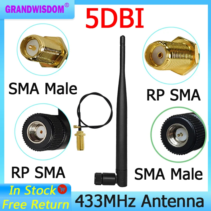 433Mhz LORA Antenna 5dbi 433 mhz RP-IOT Connector Rubber waterproof Lorawan antenna IPX to SMA Male Extension Cord Pigtail Cable