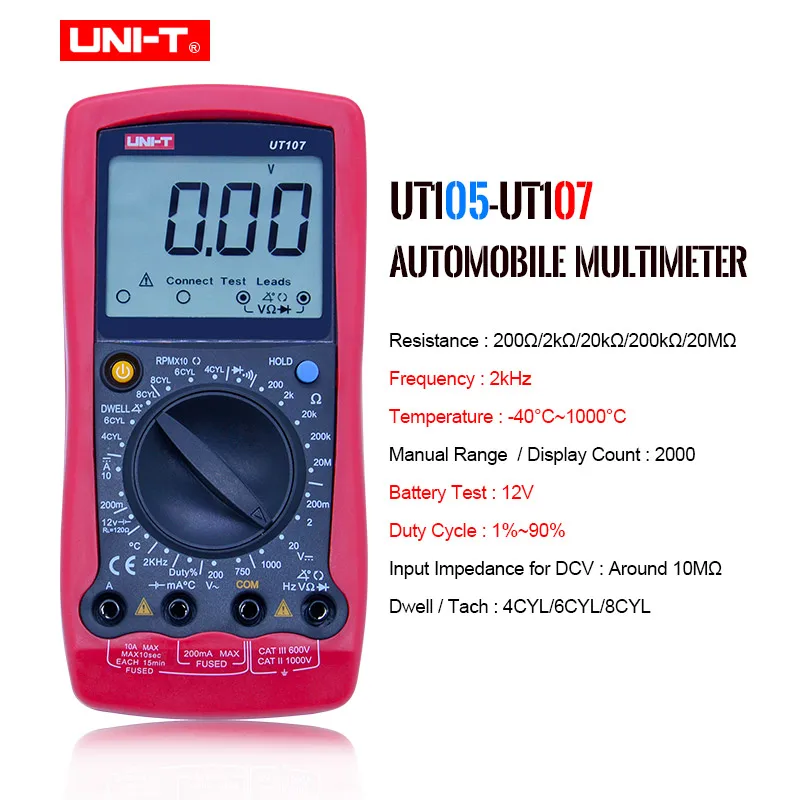 

UNI-T UT105 UT107 LCD Automotive Handheld Multimeter AC/DC Voltmeter Tester Meters with DWELL,RPM,Battery Check