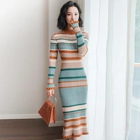 2021 woman dress knitted dress elegant lady sheath french vintage dress underwear render skirt women striped sweater dress