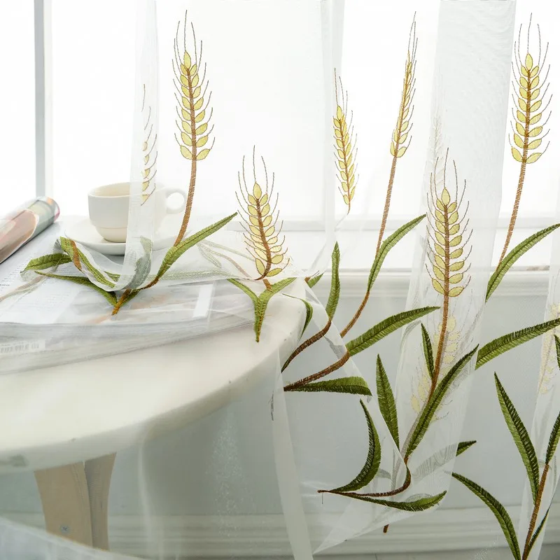 Белая прозрачная занавеска с рисунком пшеничных ушей деревенская вуаль для