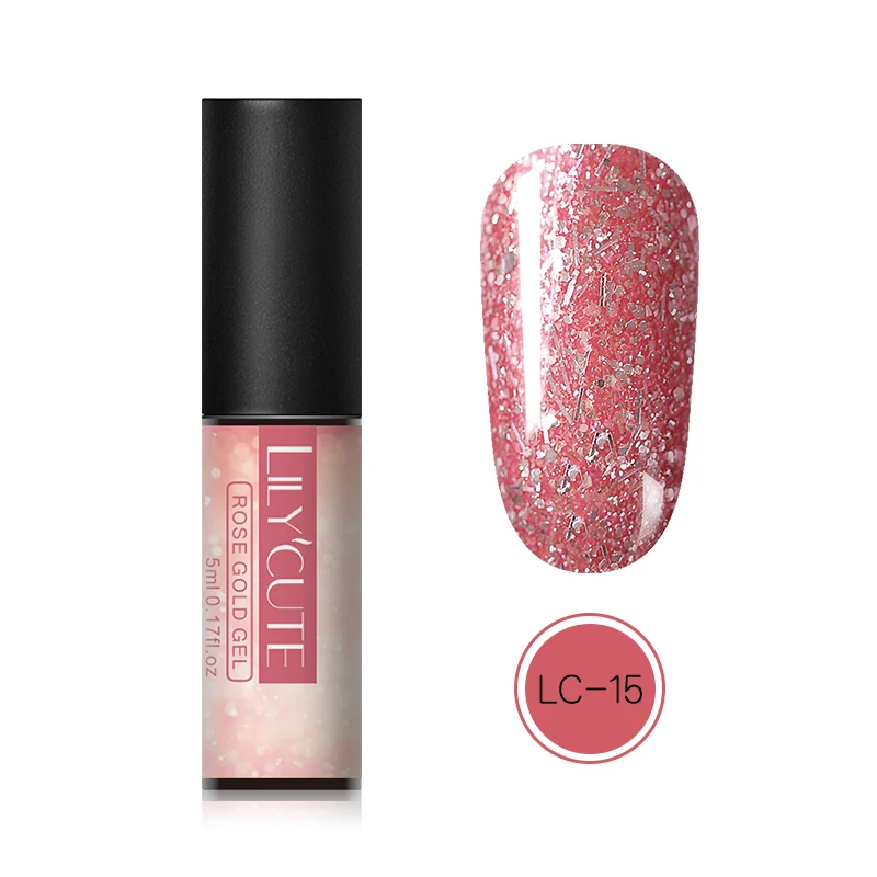 rose gold 15 LILYCUTE 5 мл стеклянная Глазурь УФ-Гель-лак чистый зеленый красный красочный замочить от ногтей Гель-лак для маникюра эффект цветения - Цвет: rose gold 15