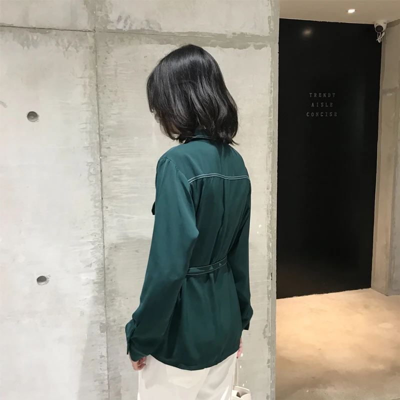 KINOMI осенние женские рубашки с длинным рукавом и поясом повседневные свободные