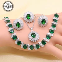 green imitated emerald crystal white zirconia silver color bridal jewelry sets for women necklace pendant earrings ring bracelet