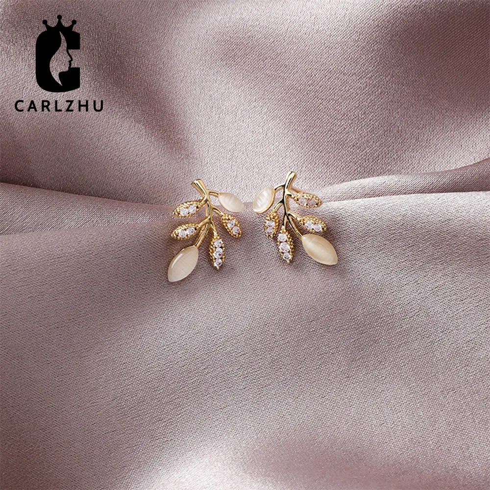 Серьги гвоздики Стразы с листьями дерева модные гипоаллергенные серьги из