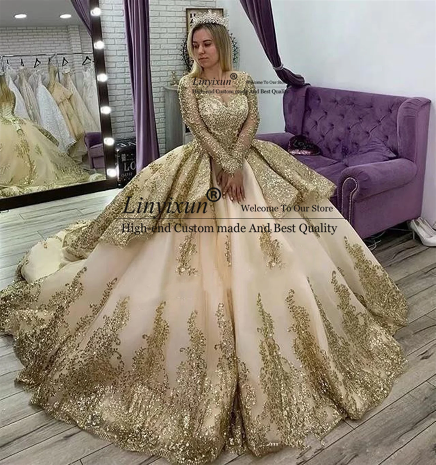 

Princess Gold Quinceanera Dresses Long Sleeves Applique Beading Sweet 16 Dress Pageant Gowns Ball Gown vestidos de 15 años 2022