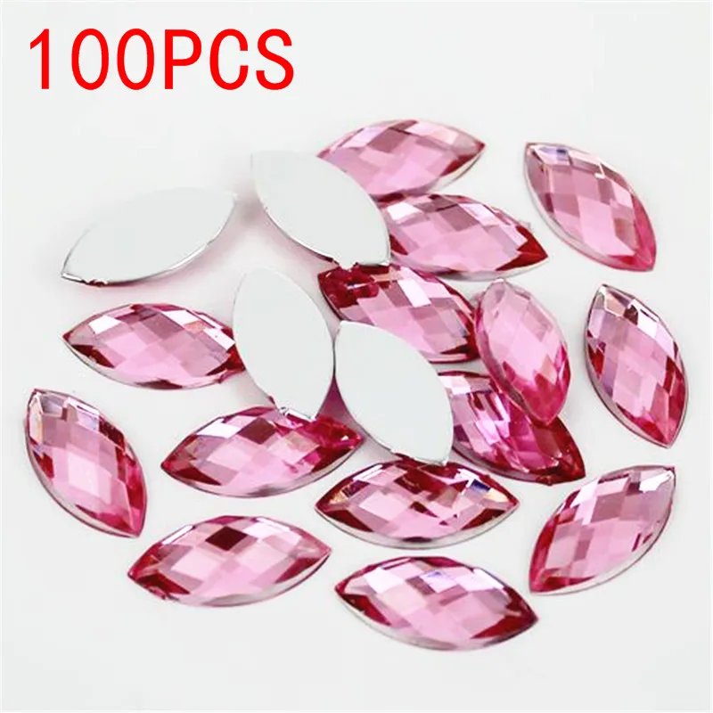 

Горячая Распродажа 100 шт. с плоской задней частью Marquise в форме листочков акрил розового цвета лошадиный глаз Форма Стразы для ногтей декорат...