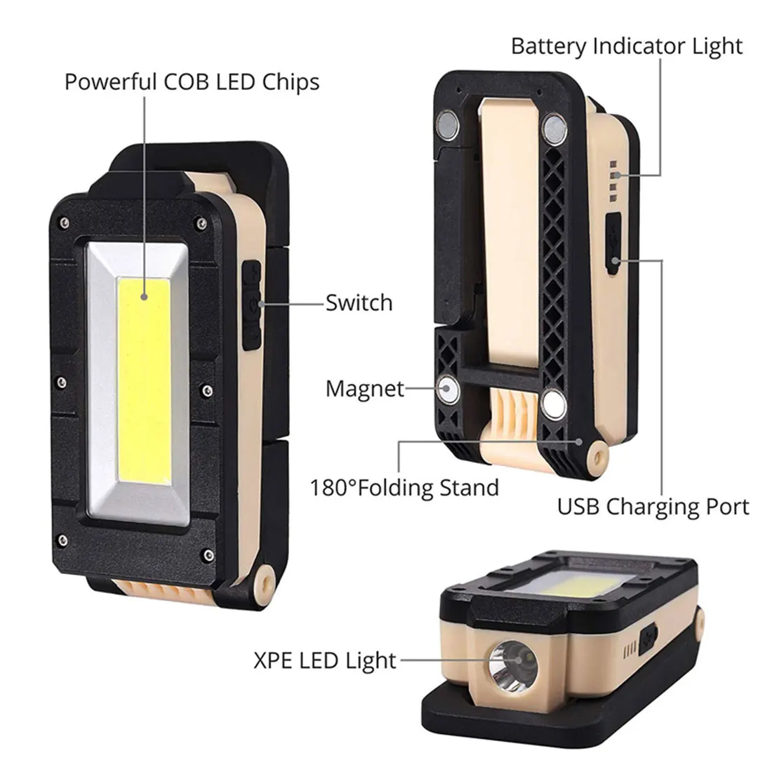

Multifunctional COB Work Light USB Rechargeable LED Flashlight 180 Degree Adjustable Portable Bottom Magnet Design Camping Light