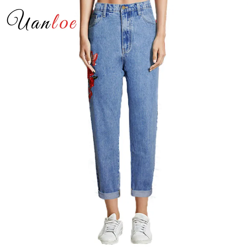 

2019 Высокая талия бойфренды джинсы в винтажном стиле с вышивкой Для женщин новый Винтаж джинсовые штаны джинсы женские узкие брюки