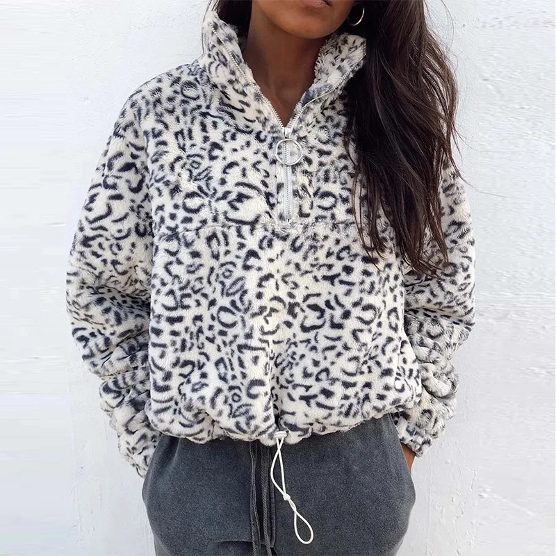 Теплая зимняя женская флисовая толстовка с воротником стойкой и длинным рукавом