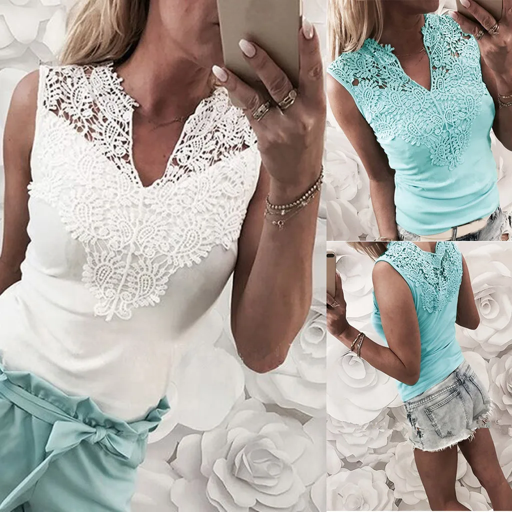 Модная женская однотонная кружевная Лоскутная рубашка без рукавов с V образным