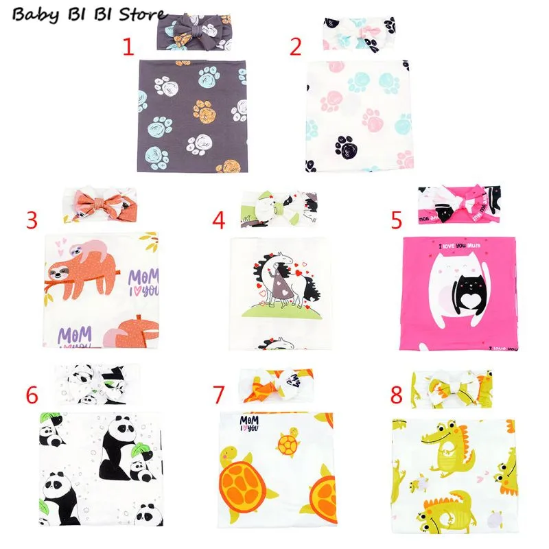 

Newborn Receiving Blanket Headband Set Cartoon Animal Baby Cotton Swaddle Wrap