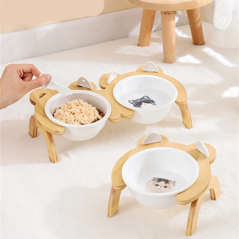 

Cartoon Pet Bowl Dogs Cats Ceramic Bowl Bamboo Cat Food Bowl Pet Cat Ear Double Feeder Water Pet Feeding Dog Supplies