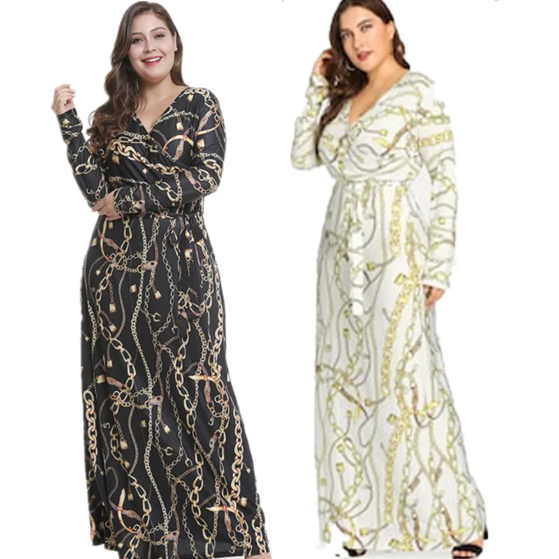 Осеннее женское платье размера плюс длиной до щиколотки с v образным вырезом