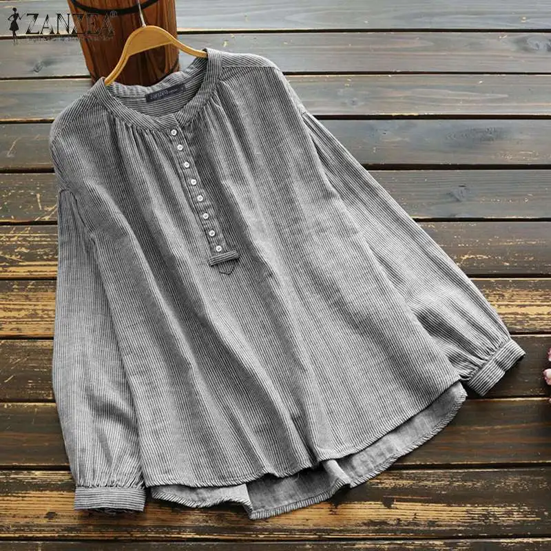 

Рубашка ZANZEA 2022 женская с винтажным принтом в полоску, повседневная хлопковая блузка с длинным рукавом, туника, топ с круглым вырезом, оверса...