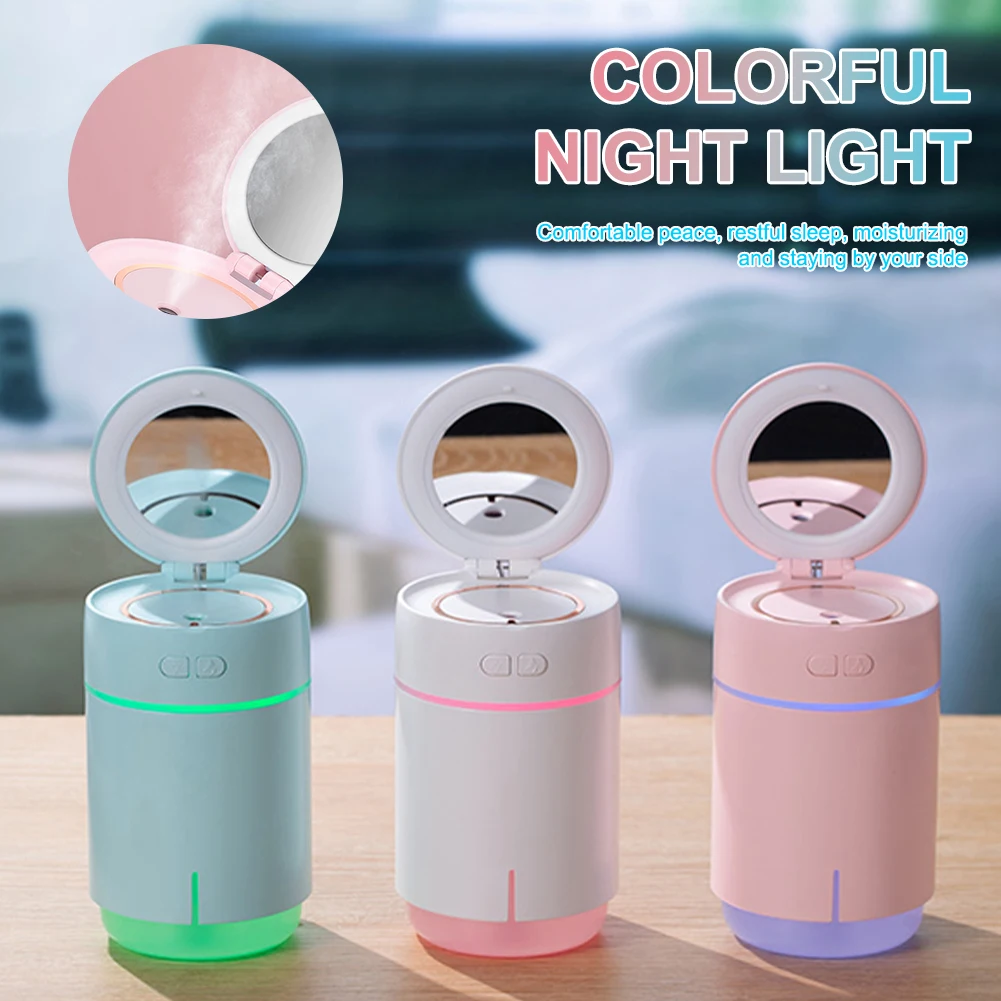 

400ML Portable Air Humidifier USB Desktop Mist Maker 2 Modes with Makeup Mirror Night Light Ring Light for Home Car Office