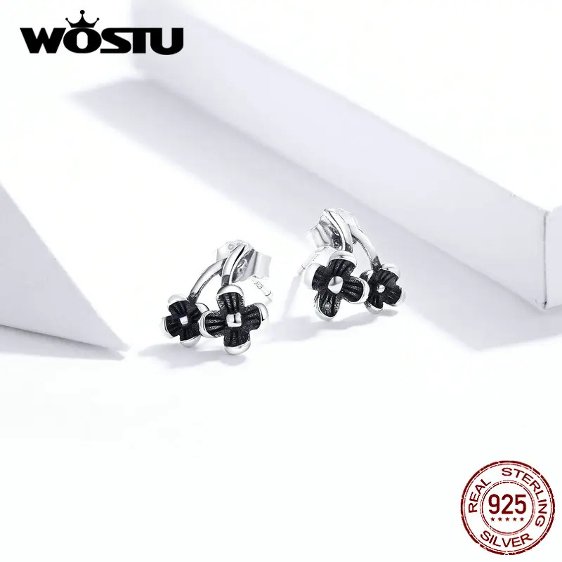 WOSTU, Новое поступление,, настоящее 925 пробы, серебряные, черные, с цветами, серьги, горячая мода, изготовление, свадебные украшения, FIE795