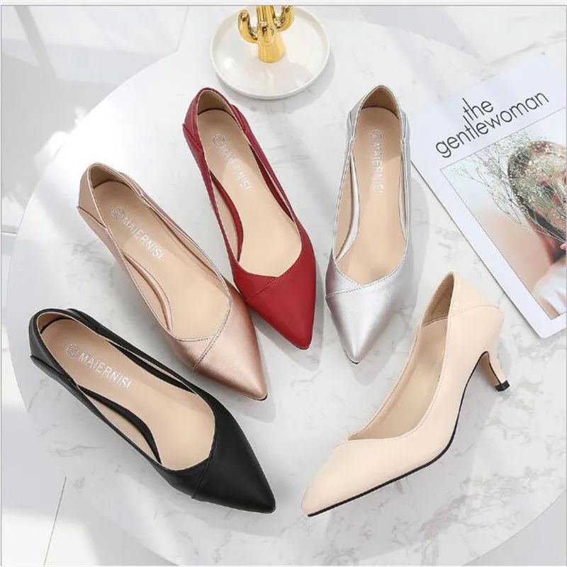 

Fashion large size 35-46 ladies pointed toe stiletto high heel casual women's dress PU5cm mid-heel shoes