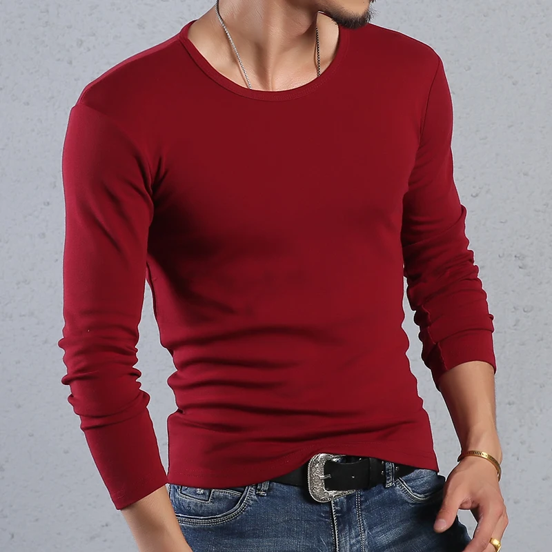 

New autumn and winter cotton long sleeve t-shirt men's round neck solid color slim fit wear large tight top 16 color 5XL t shirt