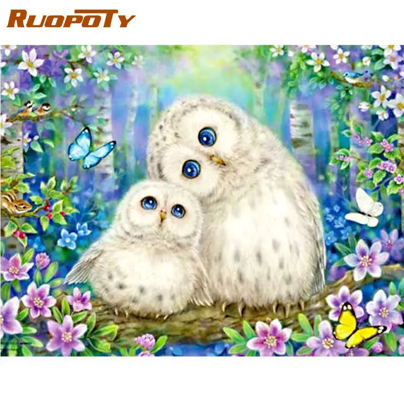 

RUOPOTY Frameless Painting By Number For Kid Two Owl Animal Picture By Number HandPainted 40x50cm Frame Home Wall Decoration