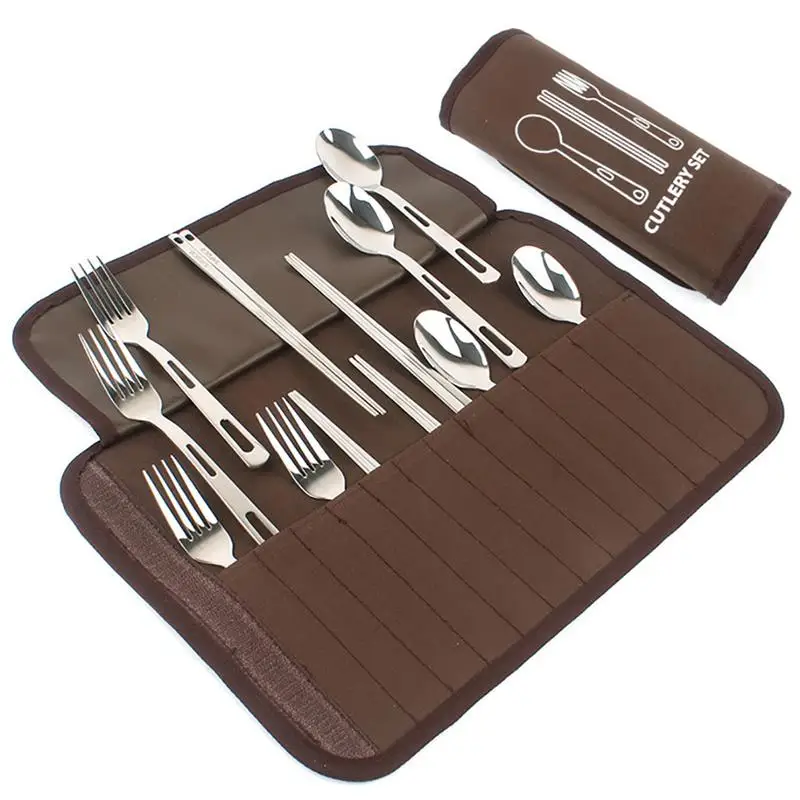 

12 Pcs/Set Portable Dinnerware Sets Stainless Steel Chopsticks Food Fork Soup Spoon Knife For Outdoor Travel Camping Utensil