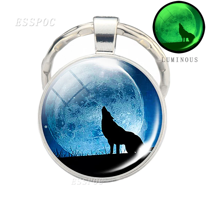 Glow in Dark Jewelry Howling Wolf Keychain Wolf Luminous Glass Cabochon Pendant Keyring Double Side Glass Ball Keychain
