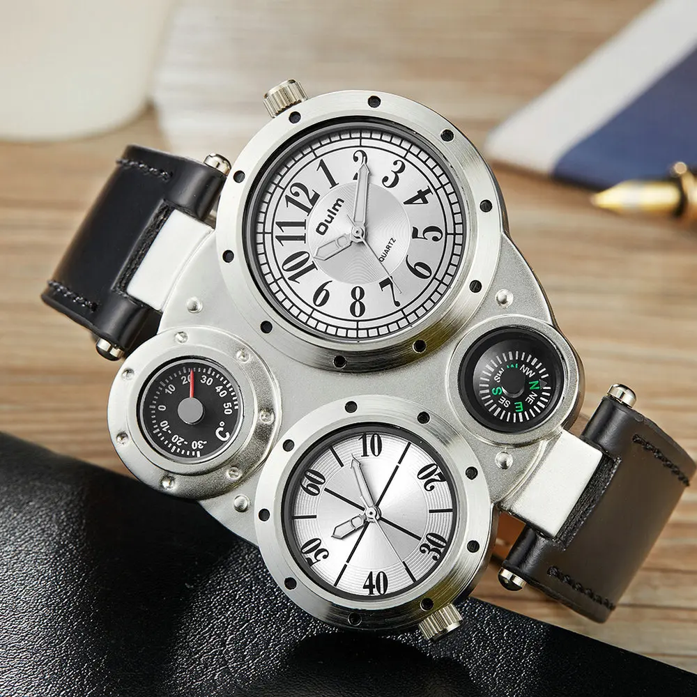 OULM негабаритные повседневные мужские кварцевые часы с 2 времнными зонами Pu