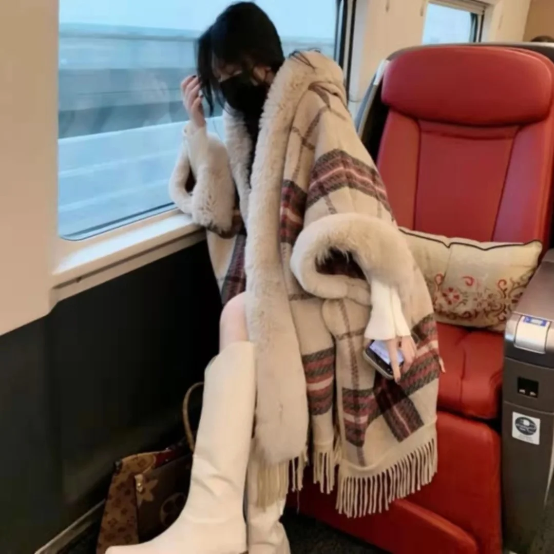 

Autumn and Winter New Imitation Rex Rabbit Fur Collar Hooded Shawl Cloak Women's Wool Coat Large Cardigan Sweater