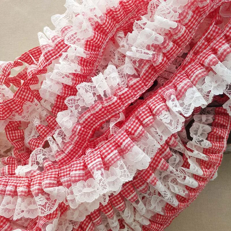 

5CM Wide New Red White Plaid Pleated Lace 3d Flowers Embroidered Ribbon Ruffle Trim DIY Clothing Hair Accessories Home Sewing