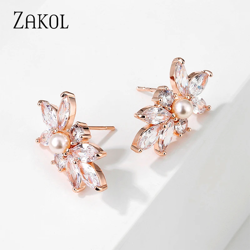 ZAKOL Fashion Simple Copper Alloy AAA Cubic Zirconia Stud Earrings for Women Cute Pearl Leaf CZ Wedding Earring Jewelry EP3156 | Украшения