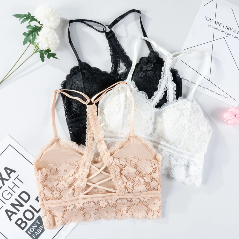 

Women Hollow Out Bralette Beauty Back Sexy Vest Female Wireless Bra Solid Color Lace Underwear Lingerie Bustier Vest Bra Top