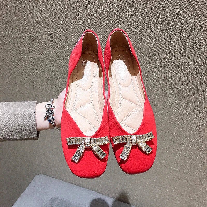 

Moccasin Shoes All-Match Bow-Knot Square Toe Soft Female Footwear Shallow Mouth Casual Sneaker Moccasins Butterfly Grandma New C