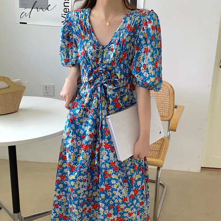 

COIGARSAM Floral Print Women dress Puff Sleeve Dresses Blue 9629